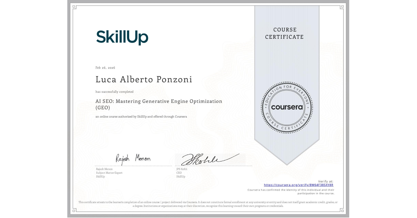 Certificazione AI SEO: Mastering Generative Engine Optimization (GEO) rilasciata da SkillUp · Coursera