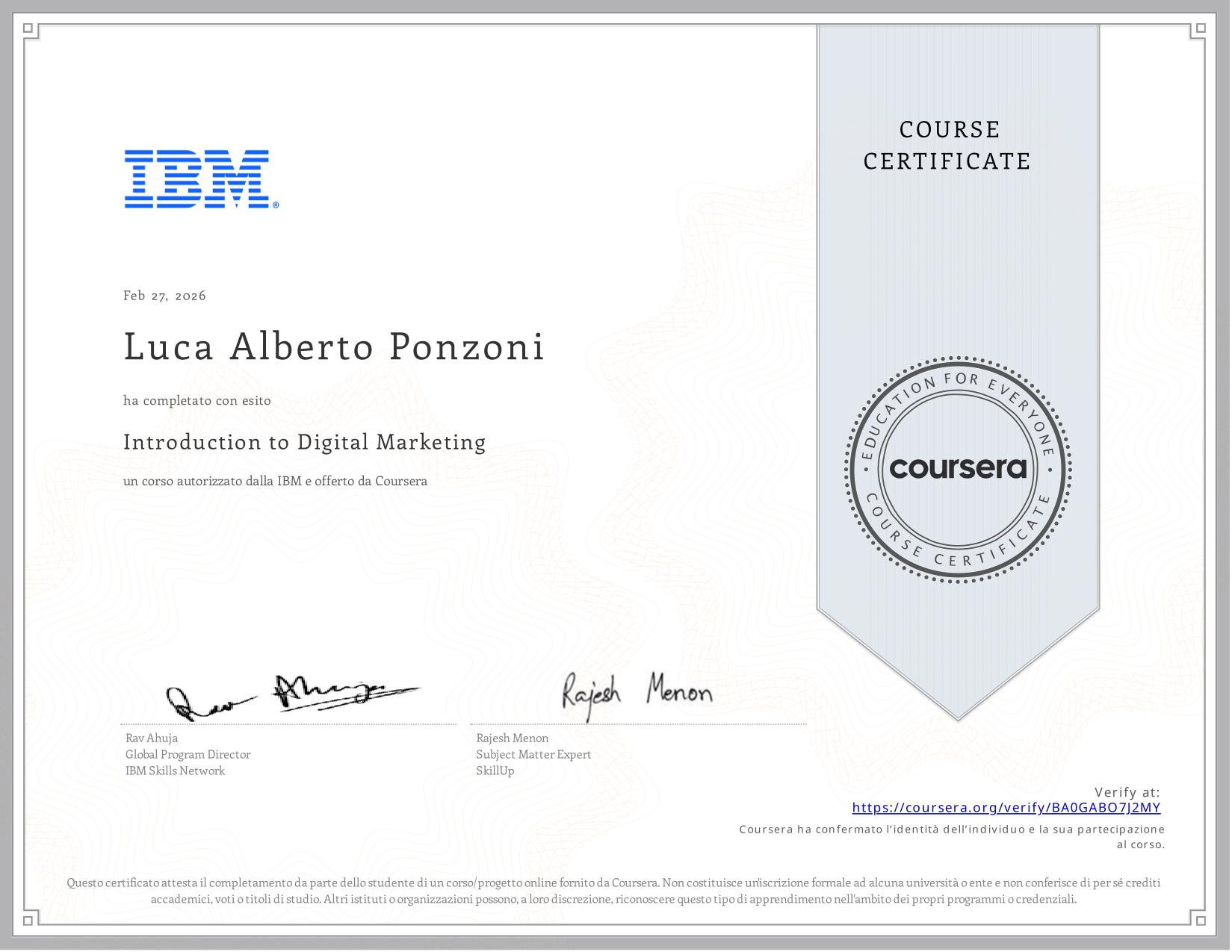 Certificazione Introduction to Digital Marketing rilasciata da IBM