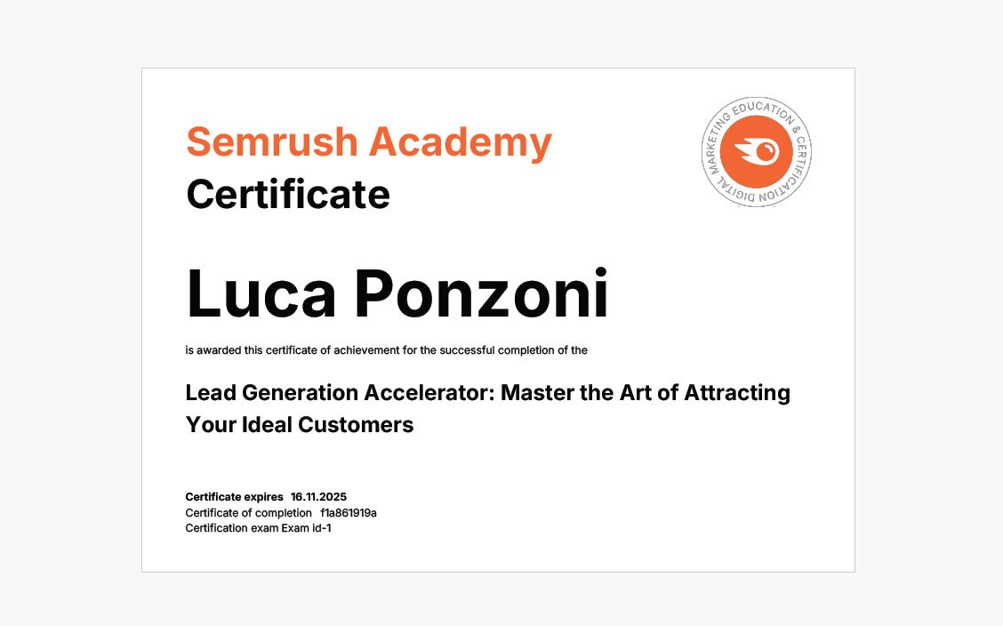 Certificazione Lead Generation Accelerator rilasciata da Semrush Academy